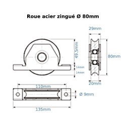 Roue portail en U acier zingué avec support à encastrer