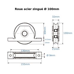 Roue portail en U acier zingué avec support à encastrer