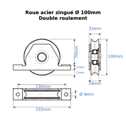 Roue portail en U acier zingué avec support à encastrer