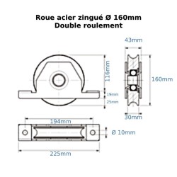 Roue portail en U acier zingué avec support à encastrer