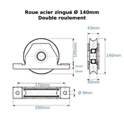 Roue portail en U acier zingué avec support à encastrer