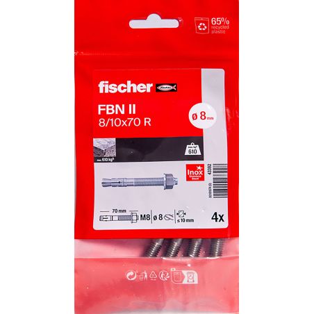 Goujon d'ancrage inox A4 M8x70 Fischer FBN II - Sachet de 4