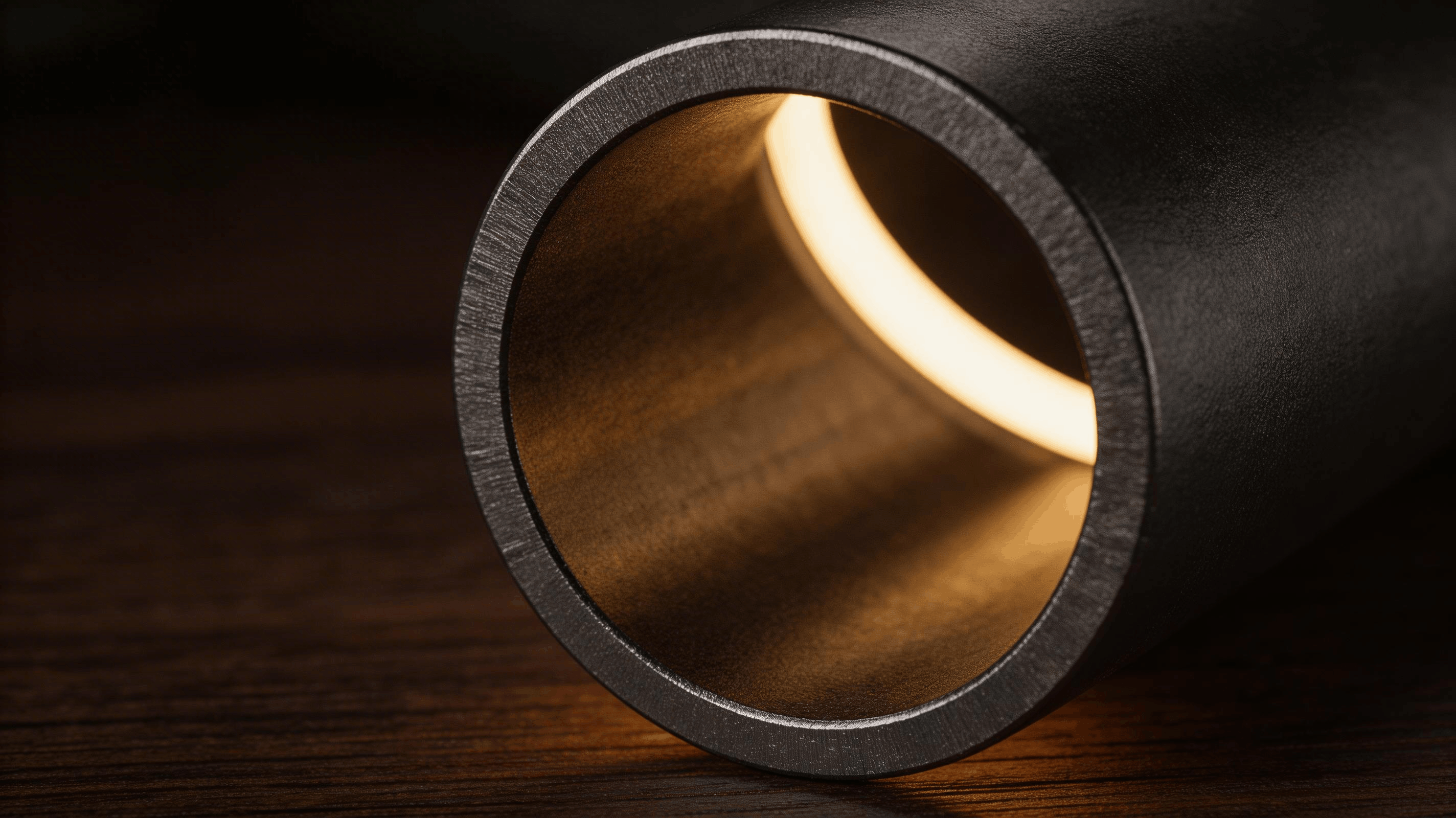 ros plan sur un tube rond en acier noir avec bande LED blanc chaud allumée visible à l'intérieur