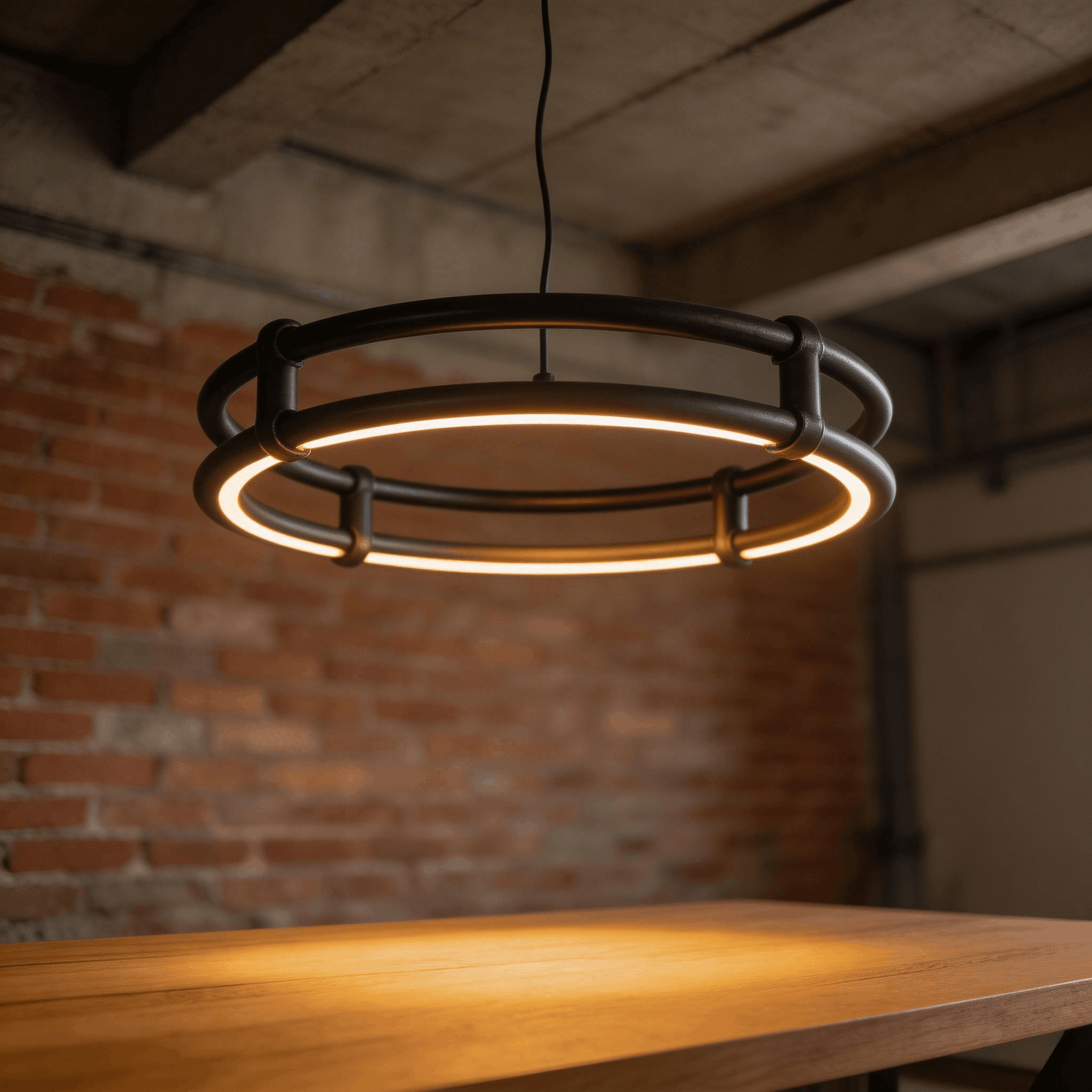 Lampe suspendue en tubes ronds d'acier noir mat avec lumiere LED integree dans un interieur loft