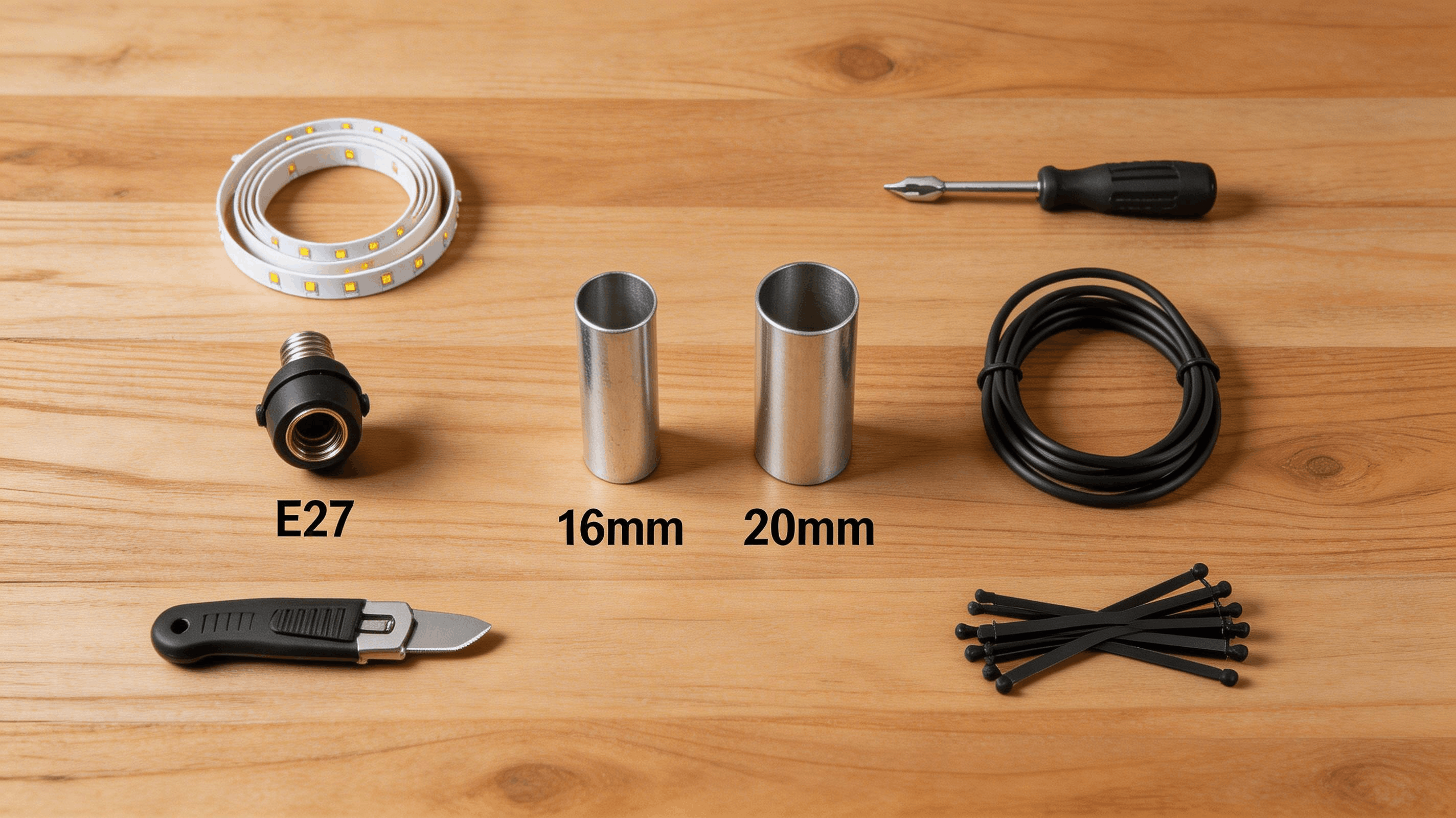 Matériel pour intégrer des lumières LED dans des tubes en acier : bande LED, outils et câble sur établi