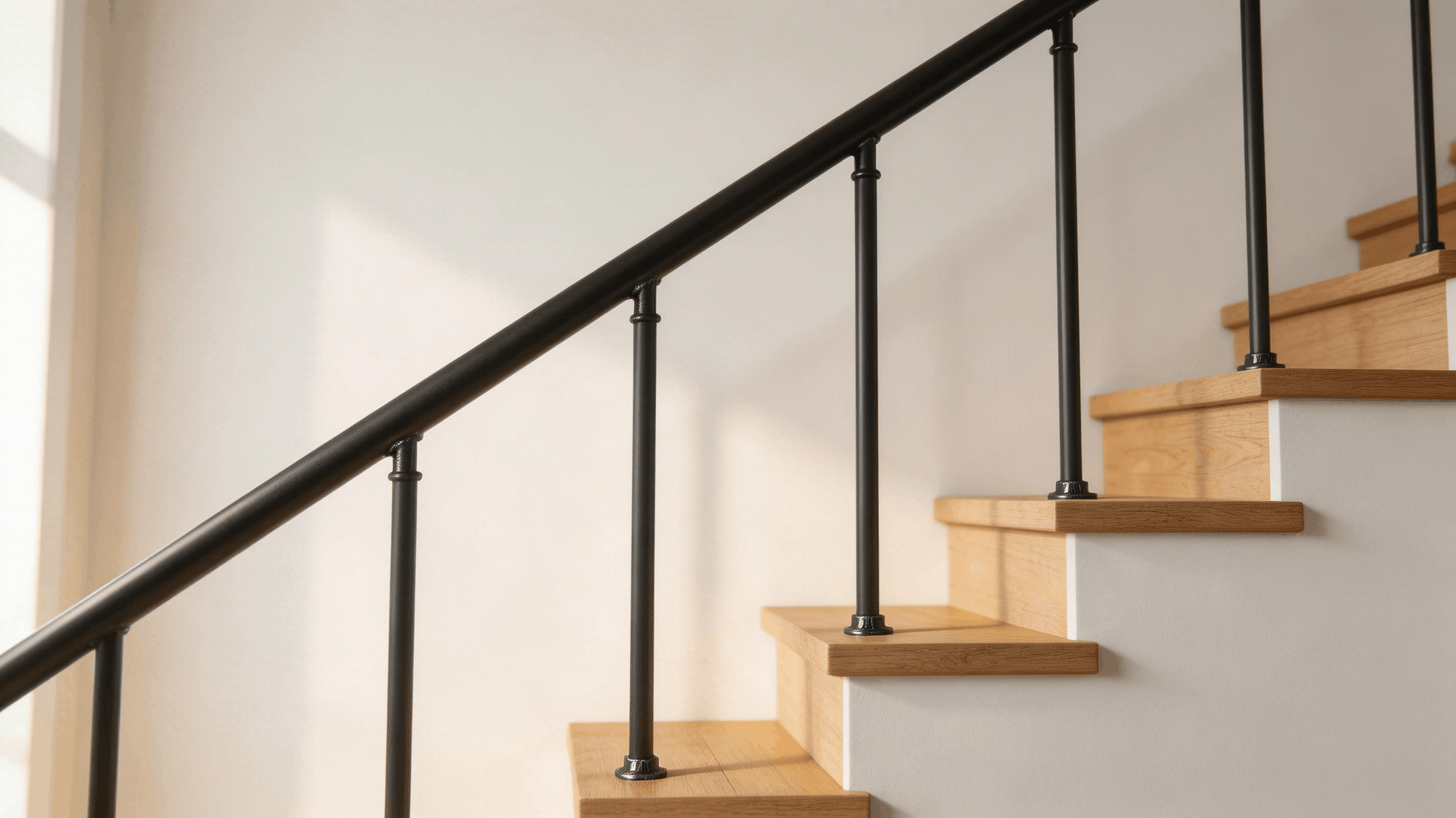 Rampe d'escalier en tubes ronds d'acier noir mat dans un intérieur moderne avec marches en bois clair