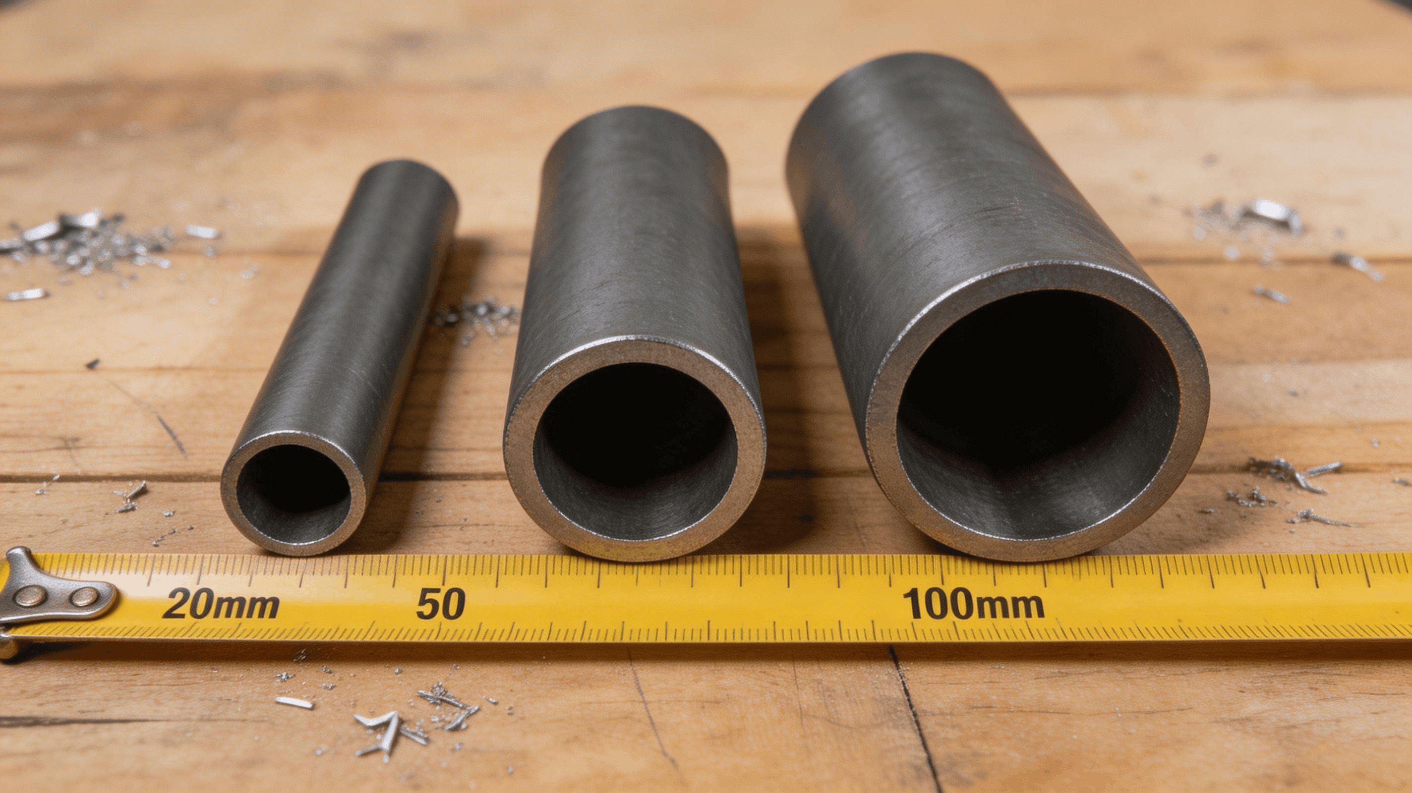 Trois tubes ronds en acier de diamètres différents posés côte à côte sur un établi avec mètre ruban