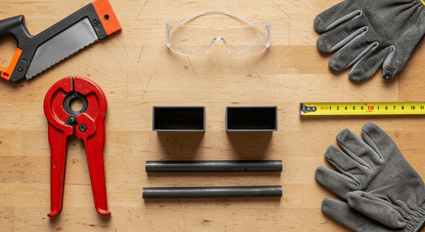 Kit outils débutant pour bricolage tube en acier : coupe-tube, scie à métaux, meuleuse et équipement de protection