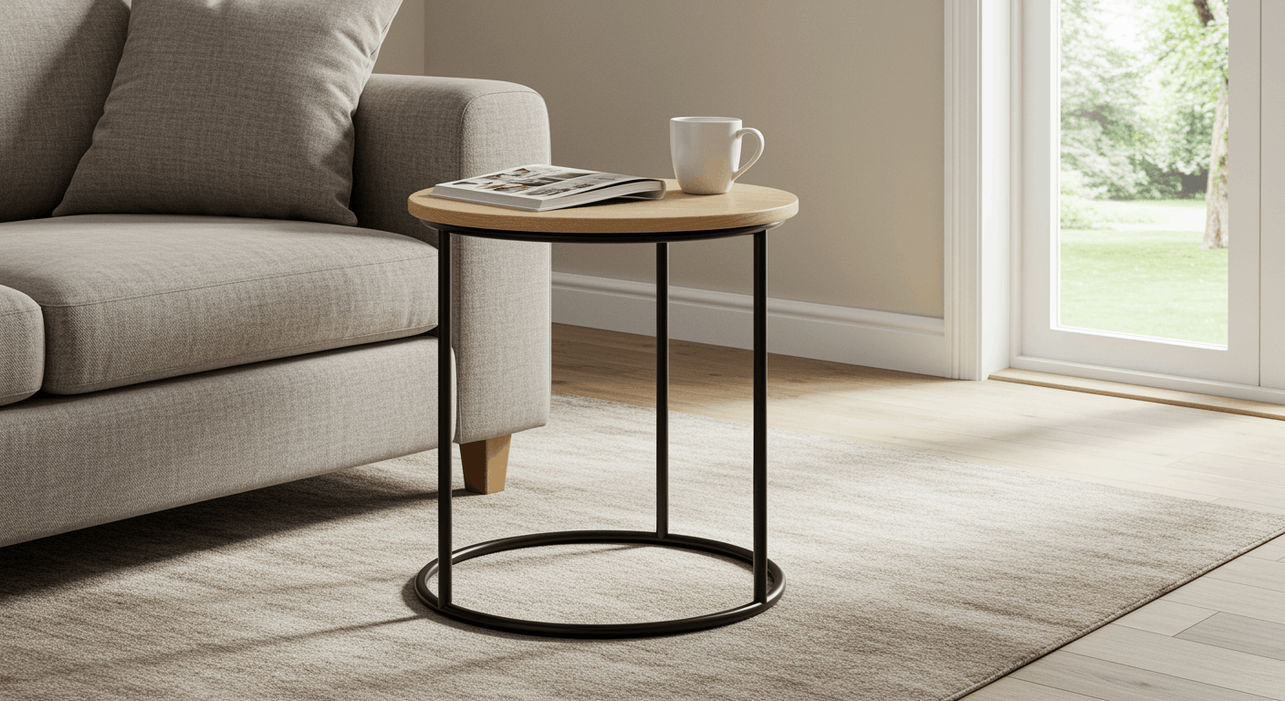 Table d'appoint en tubes ronds d'acier noir mat et plateau bois de chêne dans un salon lumineux