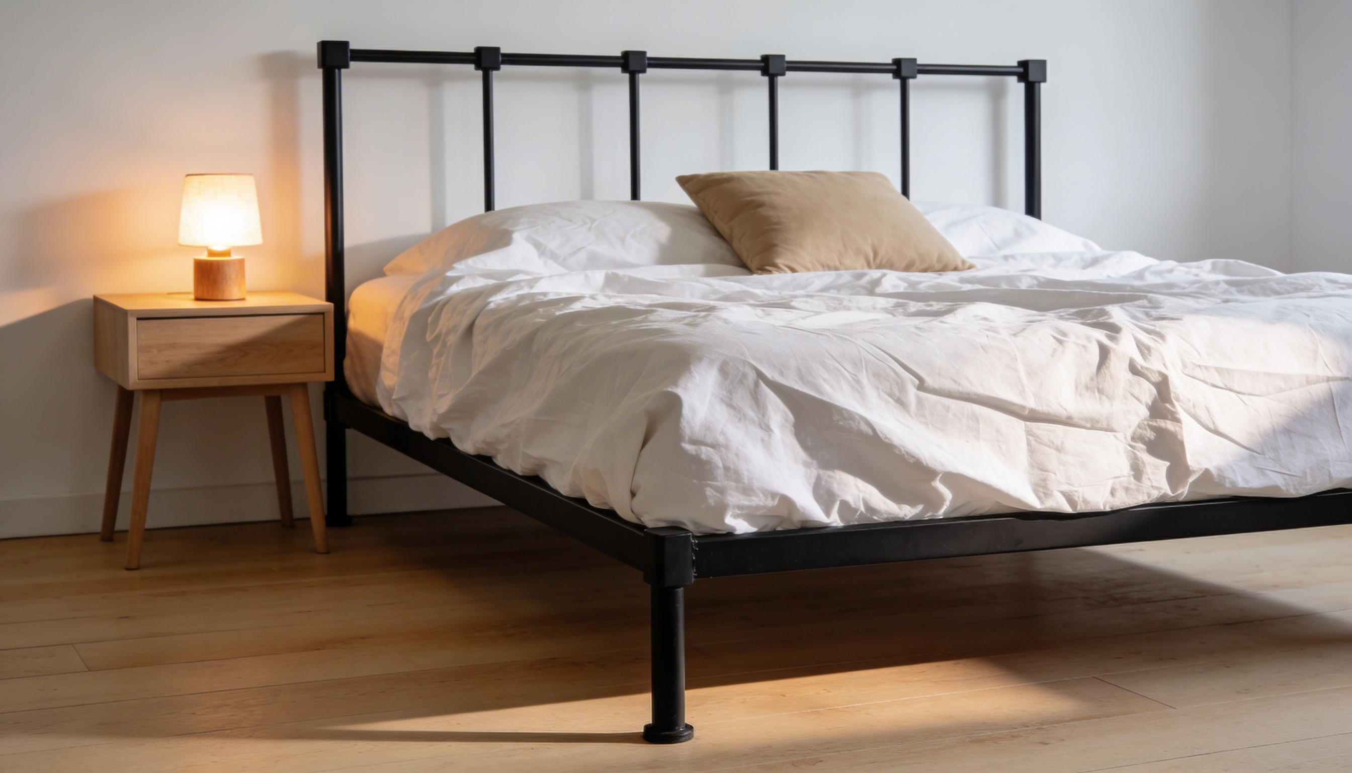 Cadre de lit en tubes d'acier carrés noirs mats dans une chambre moderne avec draps en lin blanc