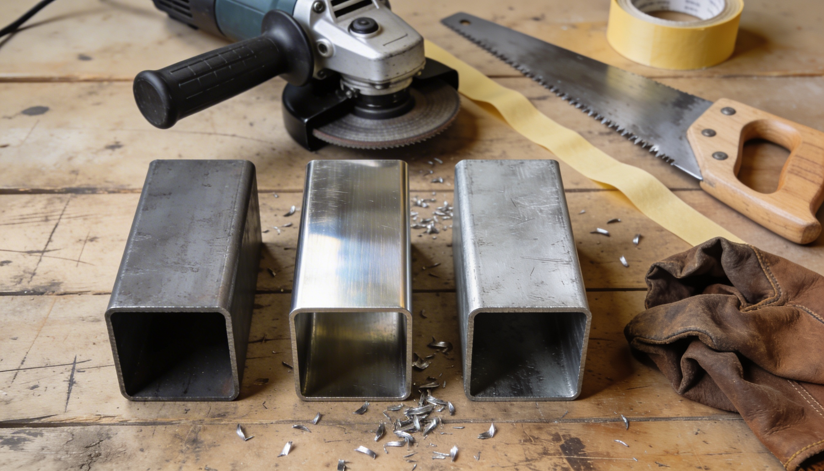 Flat lay atelier avec trois types de tubes en acier carrés et outils de bricolage sur établi en bois