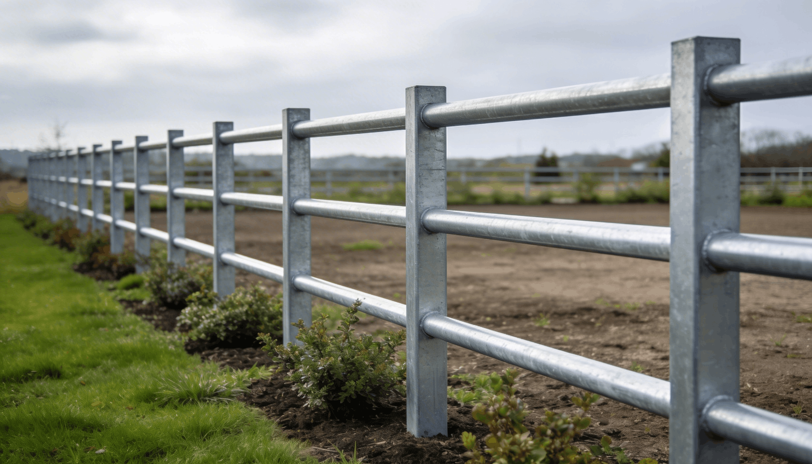 Clôture de jardin en tubes d'acier galvanisé rectangulaires dans un environnement semi-rural