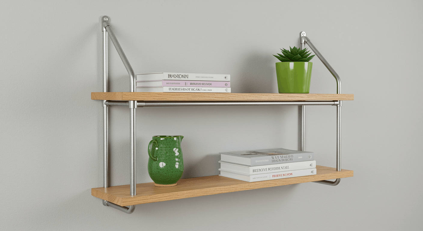 Étagère murale en tubes d'acier inoxydable et bois clair dans un salon moderne avec livres et plante