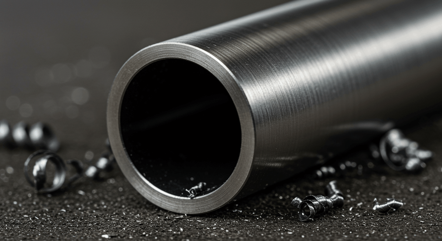 Gros plan sur un tube en acier inoxydable coupé montrant le fini brossé et l'épaisseur de paroi